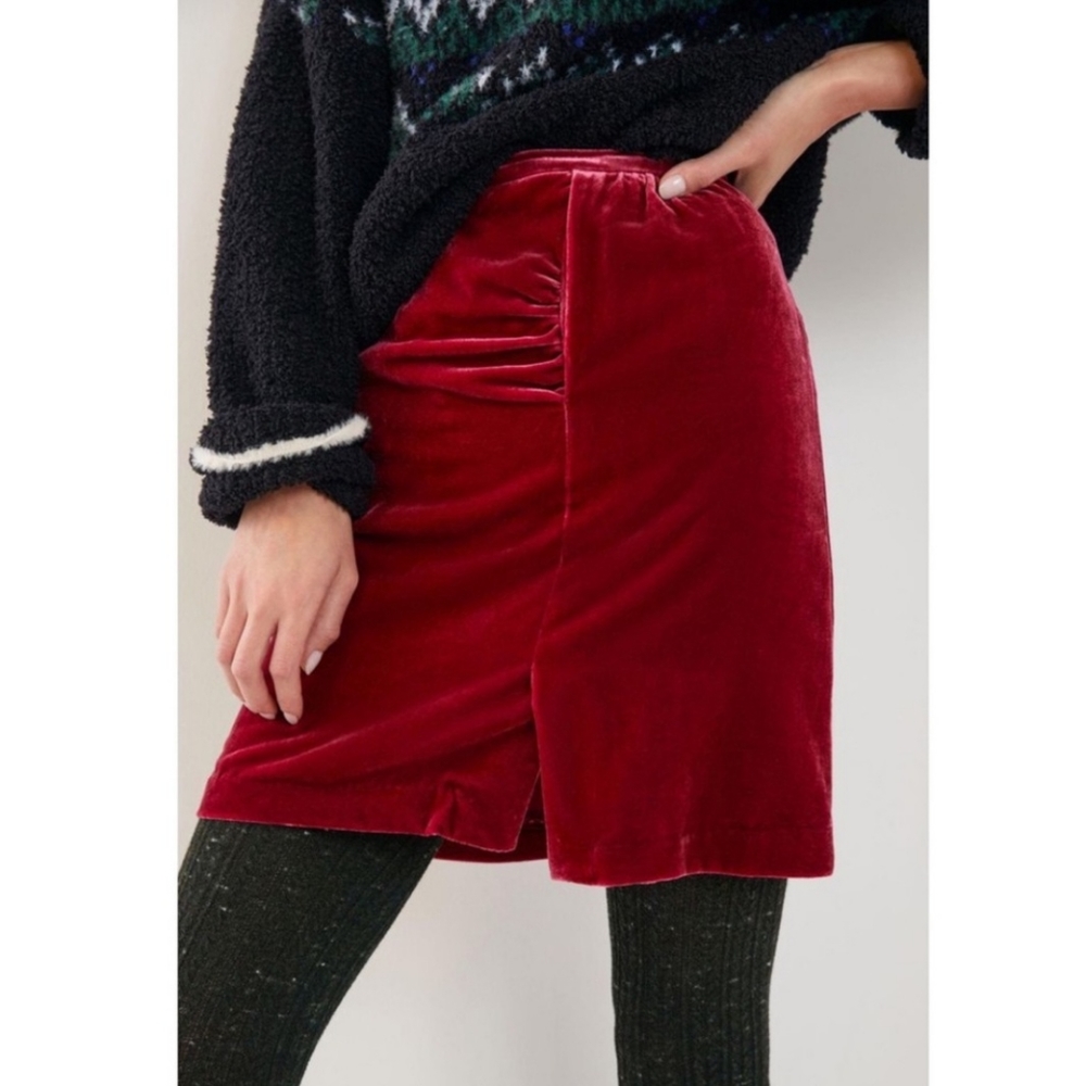 ANTHROPOLOGIE Montie Velvet Ruched Skirt Raspberry NEW - Picture 2 of 12